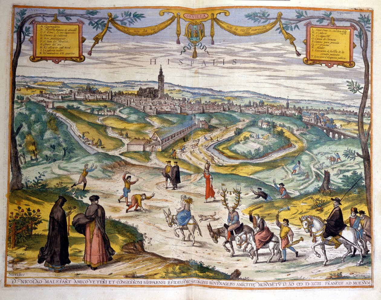 Karte der Stadt Sevilla im Jahr 1590. Unten rechts im Bild machen sich die Dorfbewohner über einen gehörnten Mann auf seinem Esel lustig von Unknown artist