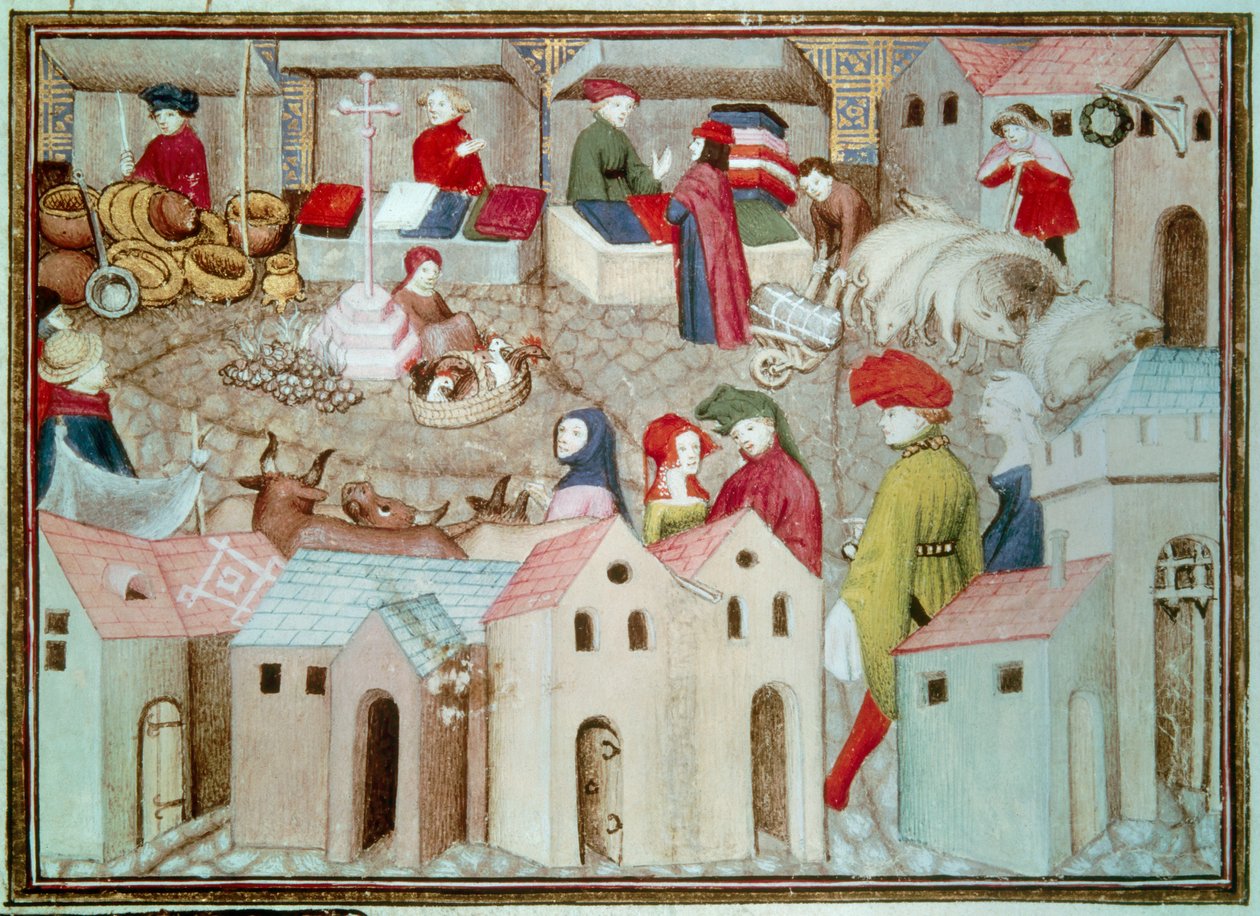 Markt von Champeaux in Paris. Vieh- und Geflügelhändler, Tuchhändler. Miniatur aus 