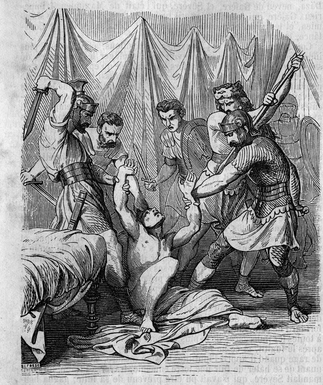Marcus Hordeonius Flaccus, römischer Senator, von seinen eigenen Soldaten im 1. Jahrhundert massakriert. Gravur des 19. Jahrhunderts. von Unknown artist