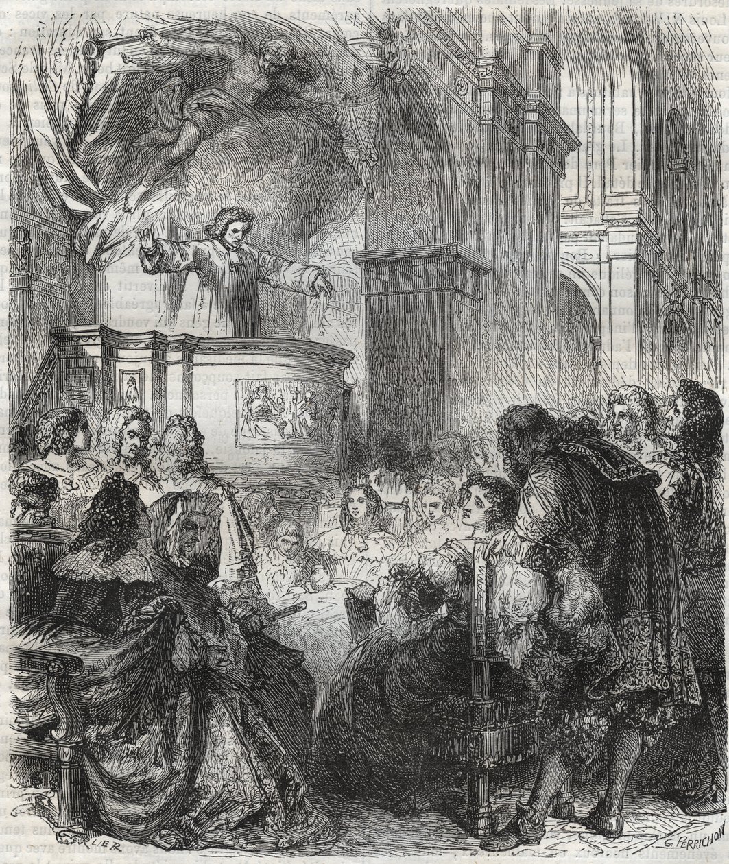 Marie de Rabutin-Chantal, Marquise de Sévigné, bekannt als Madame de Sévigné (1626-1696), hört Louis Bourdaloue (1632-1704) in der Kirche der Jesuiten, Saint-Louis in Paris - Gravur von 1866 von Unknown artist
