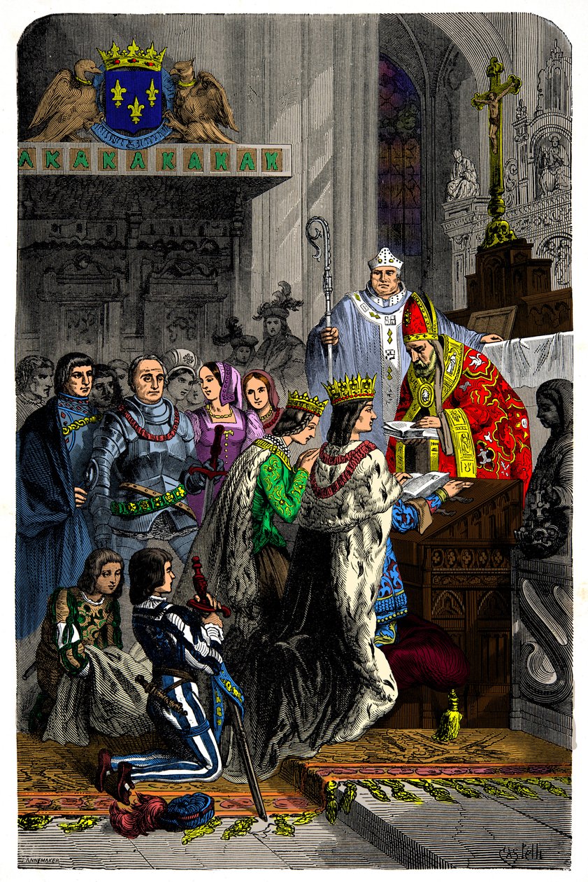 Heirat zwischen Karl VIII. (1470-1498) und Anne de Bretagne (1477-1514) am 13. Dezember 1491 im Schloss von Langeais (Gravur, 19. Jahrhundert) von Unknown artist
