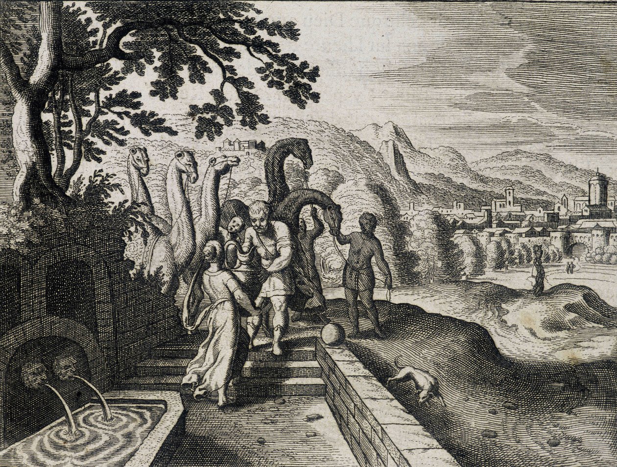 Hochzeit von Isaak und Rebekka. Gravur aus einer Bibel des 17. Jahrhunderts von Unknown artist