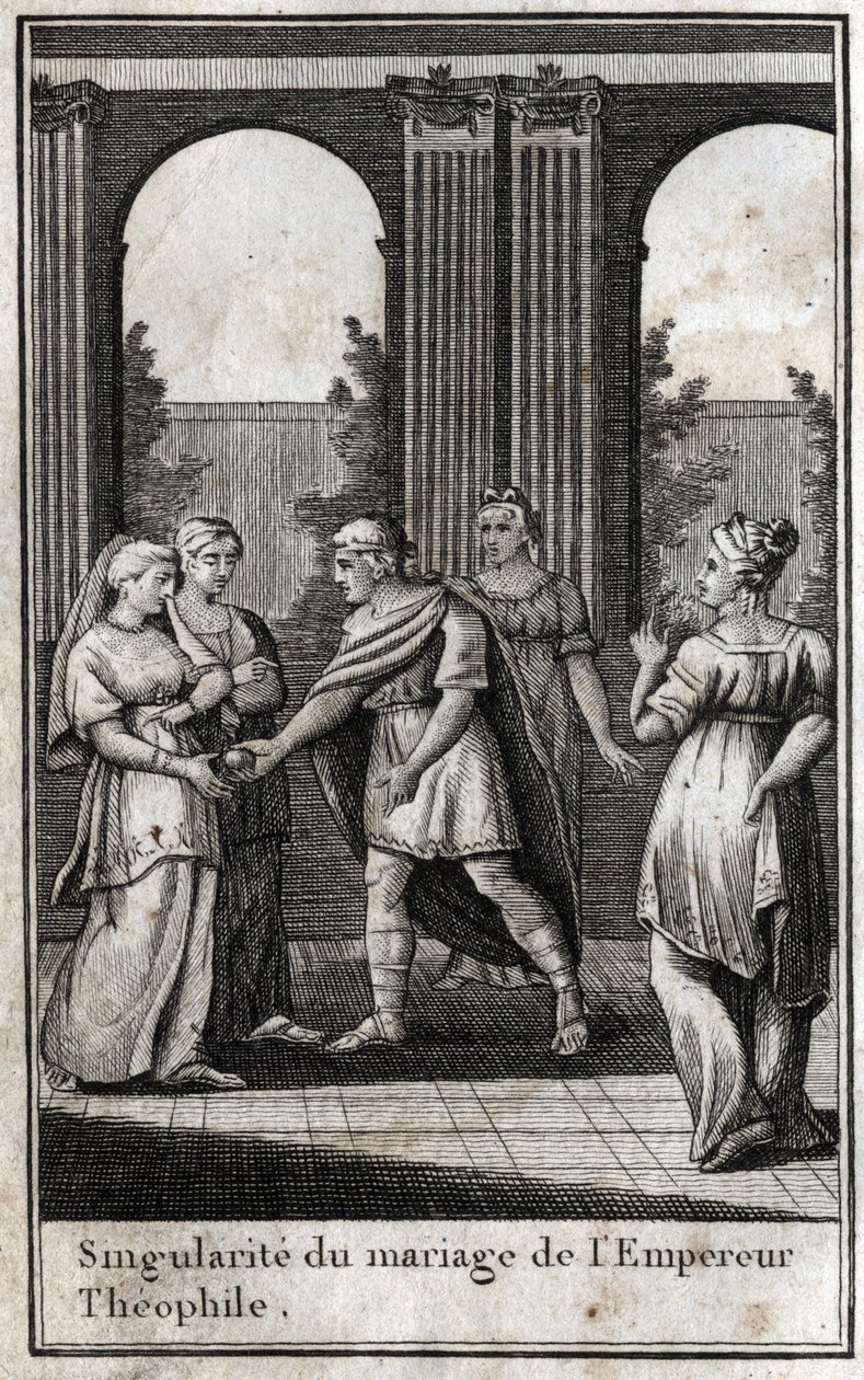 Heirat des byzantinischen Kaisers Theophilos (813-842): Nachdem er die schönsten Frauen des Reiches versammelt hatte, um eine Frau zu finden, wählte er Theodora und bot ihr einen goldenen Apfel an. Gravur in „Beaute de l