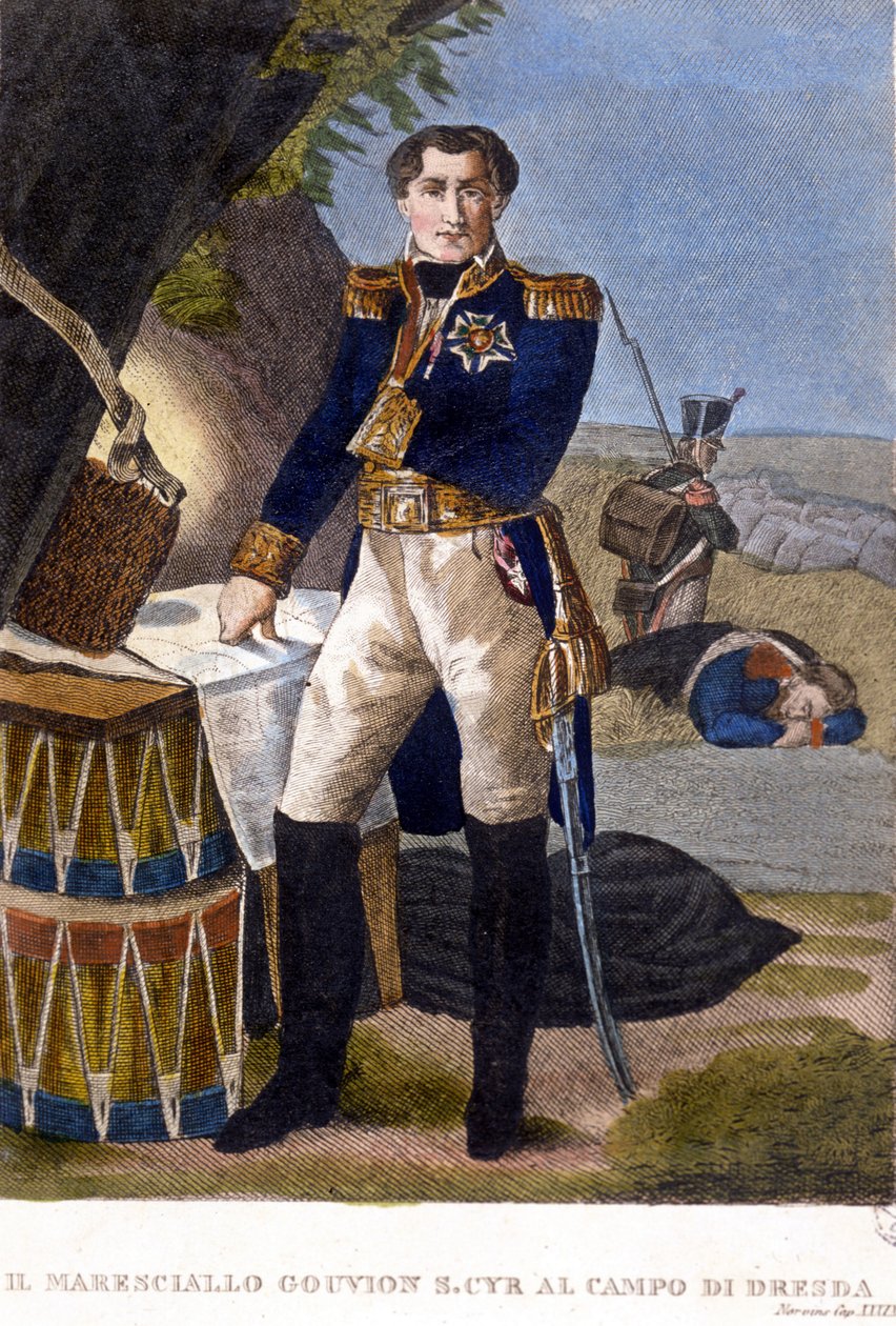 Marschall Laurent Marquis de Gouvion Saint Cyr (1764 bis 1830) in der Schlacht von Dresden 1813. Stich aus dem 19. Jahrhundert von Unknown artist