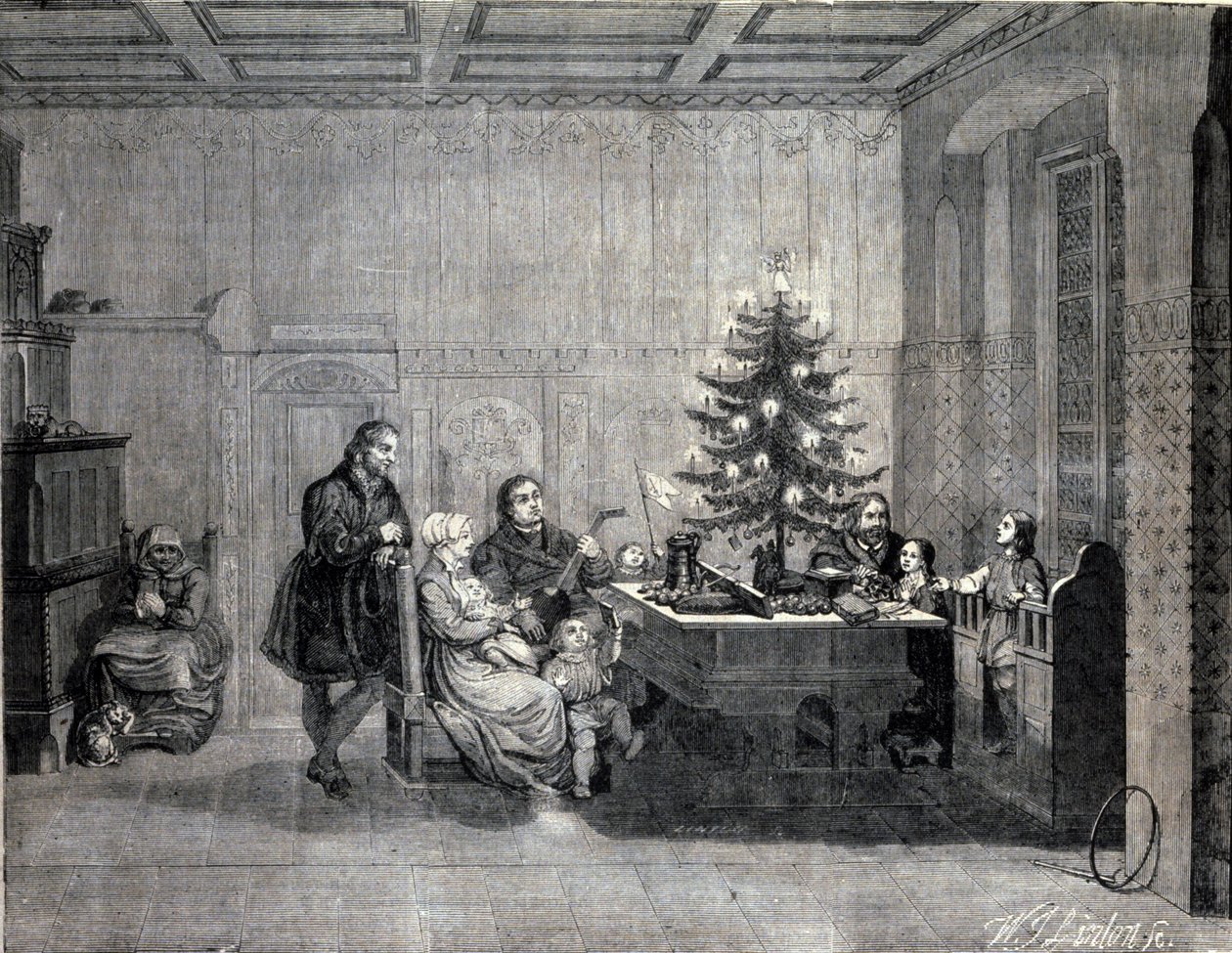 Martin Luther (1483-1546) deutscher Reformator feiert Weihnachten mit der Familie. Gravur des 19. Jahrhunderts von Unknown artist