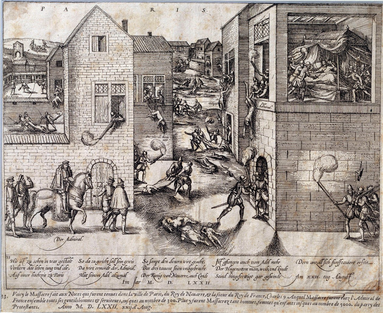 Massaker der Heiligen Bartholomäusnacht in Paris in der Nacht vom 24. August 1572. Gravur des 16. Jahrhunderts. Pau, Musée Du Château von Unknown artist