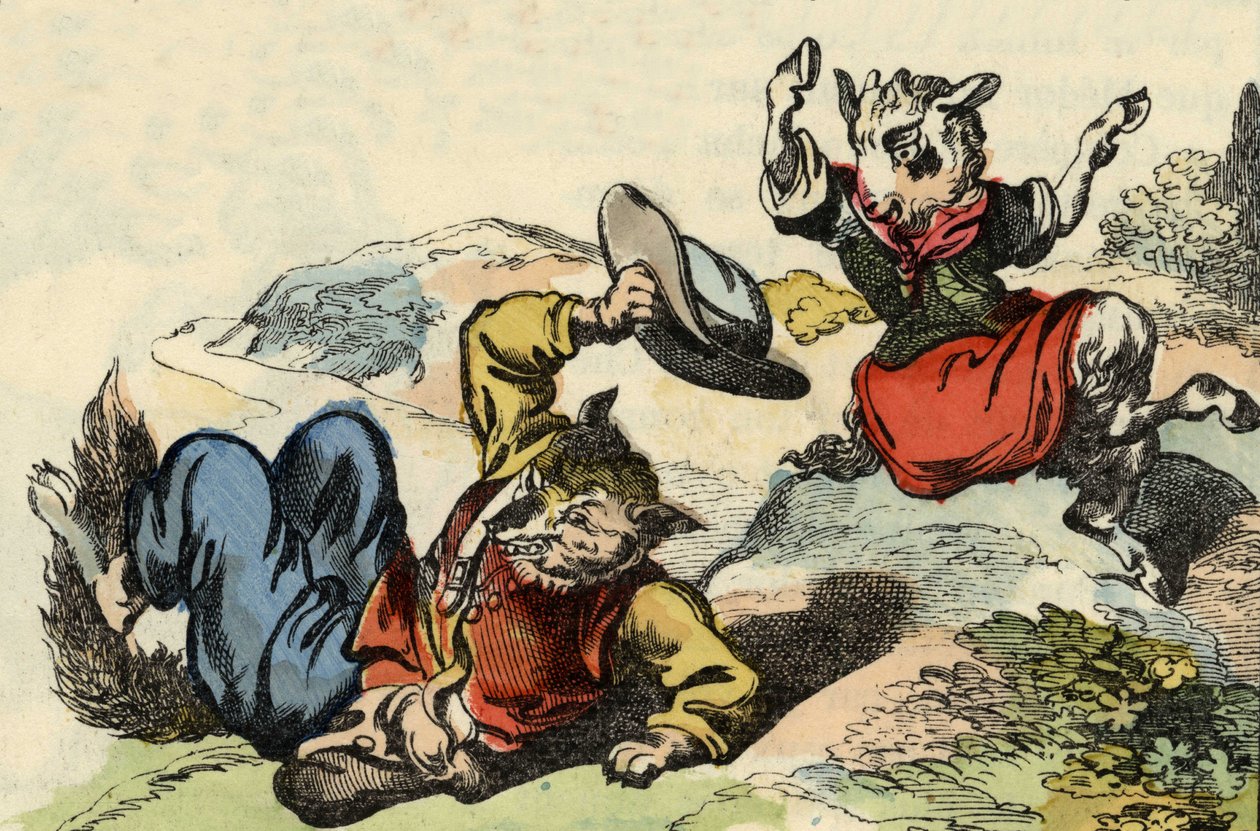 Meister Fuchs spielt mit Little Goat. Illustration des Märchens „Bon Medor und Little Chevrette“. In „Märchen aus dem Heim für die Kleinen“. Anonyme Gravur des 19. Jahrhunderts. von Unknown artist