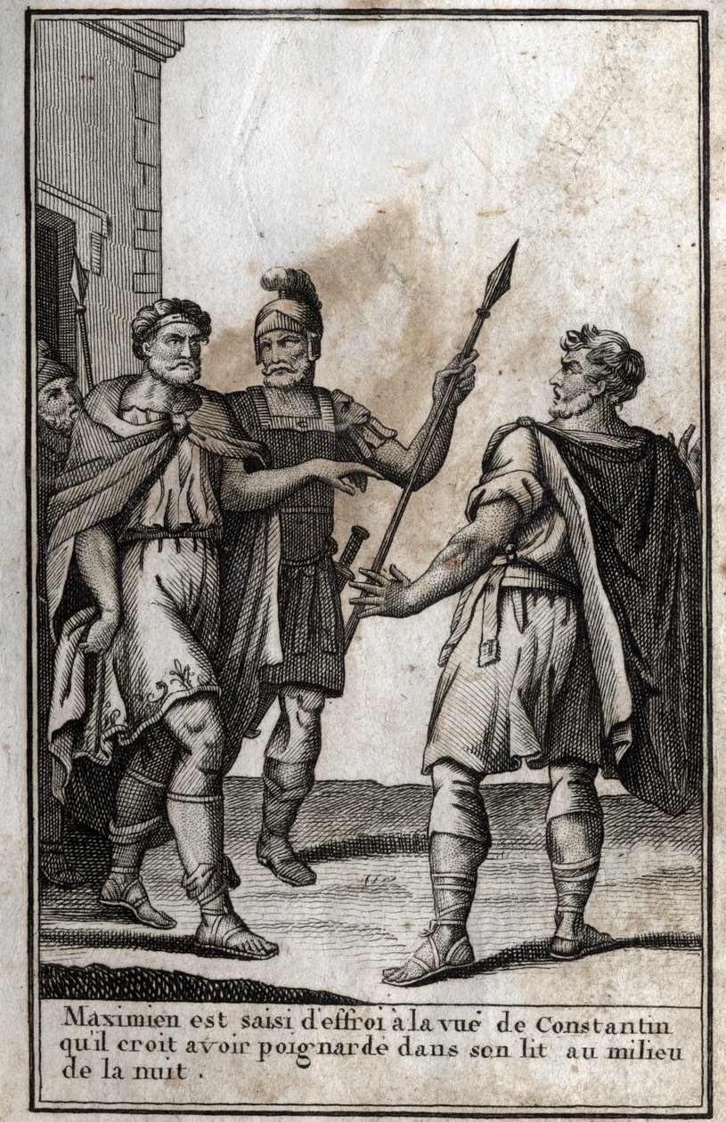 Maximian Hercules (Marcus Aurelius Valerius Maximianus) (ca. 250-310), römischer Kaiser, wird von Angst ergriffen beim Anblick von Konstantin (Konstantin I., Flavius Valerius Aurelius Constantinus, 272-306), seinem Schwiegersohn, den er glaubt, in seinem B von Unknown artist