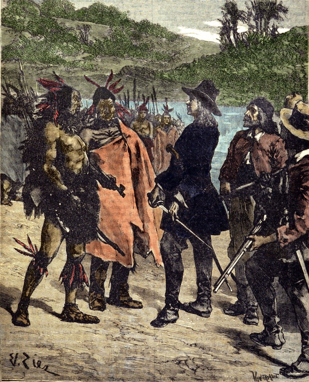 Treffen von Robert Cavelier de La Salle (1643-1687) mit den Indianern Amerikas. Gravur des 19. Jahrhunderts von Unknown artist