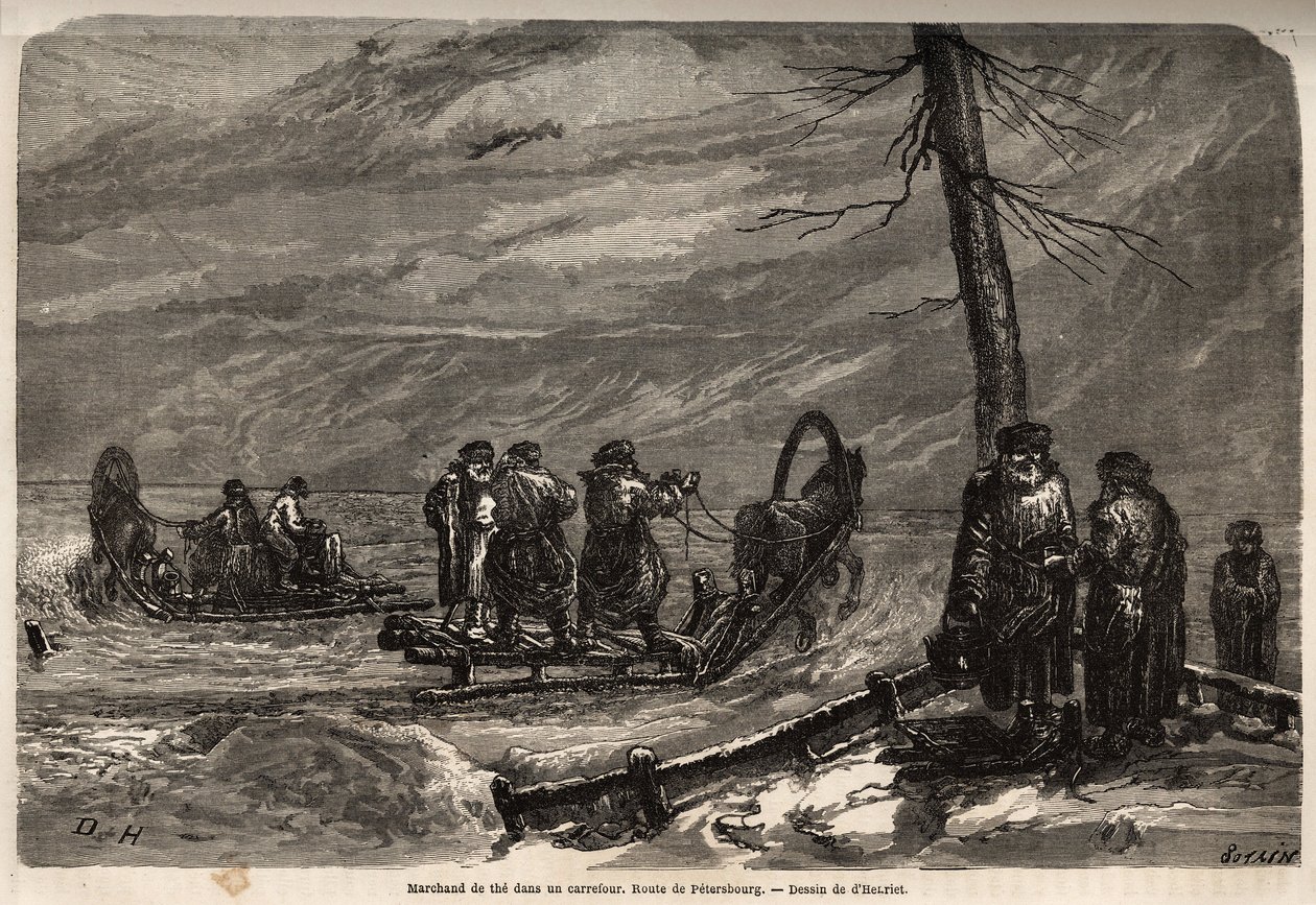 Händler des Ambulanten an einer verschneiten Kreuzung der Straße nach St. Petersburg. Zeichnung von Henriet, zur Illustration seiner Reise in die russischen Ostseeprovinzen in den Jahren 1851-54. Gravur in „Le tour du monde“, herausgegeben von Edouard Char von Unknown artist