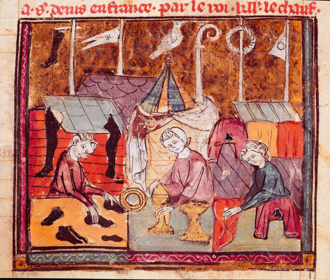 Händler (Schuhmacher, Goldschmied, Stoffhändler) auf der Lendit-Messe bei Saint Denis (Miniatur aus „Grandes Chroniques de France“) von Unknown artist