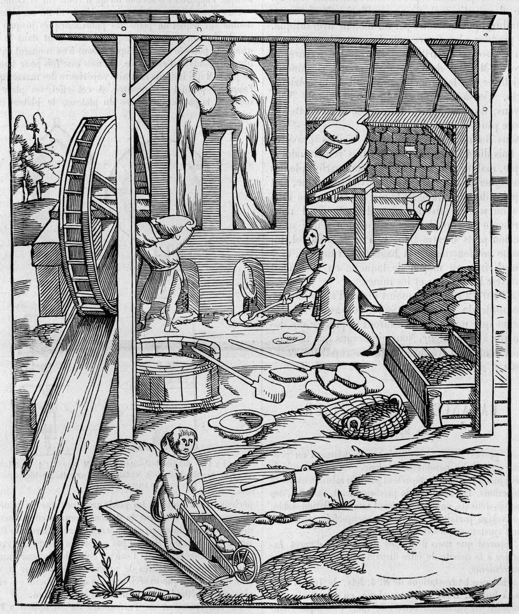 Metallofen-Gebläse betrieben durch einen Hydraulikmotor. Faksimile einer Gravur veröffentlicht in „Cosmographie“ (1555) von Sebastien Munster. Gravur in „La Nature: revue des sciences et de leurs applications aux arts et a l