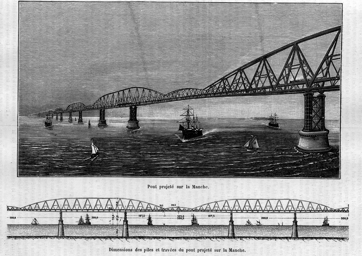 Projekt einer Metallbrücke über den Ärmelkanal: Oben die fertige Brücke; unten die Abmessungen der Pfeiler und Traversen der geplanten Brücke. Gravur in „Le Journal de la jeunesse“ von Unknown artist