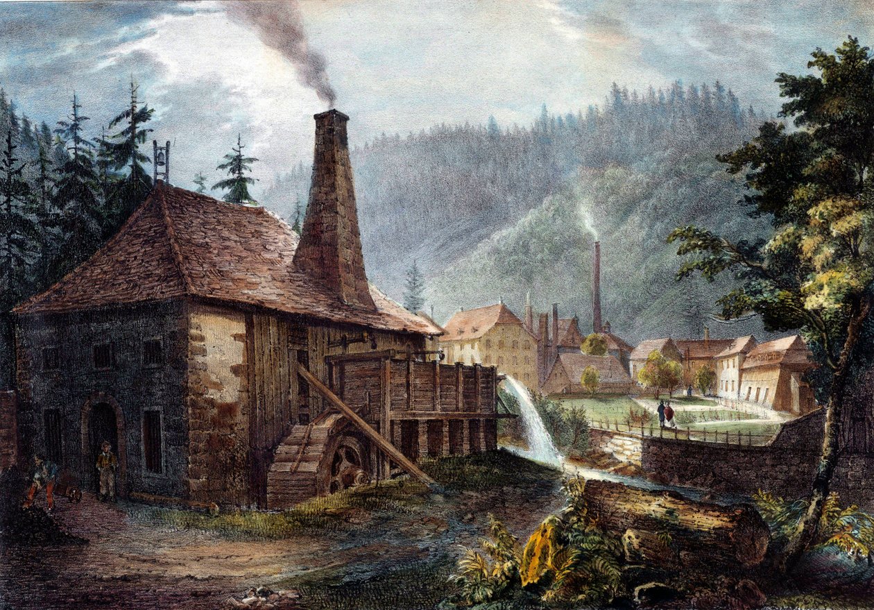Metallurgie: Ansicht der Schmieden von Framont. Lithografie um 1850 von Unknown artist