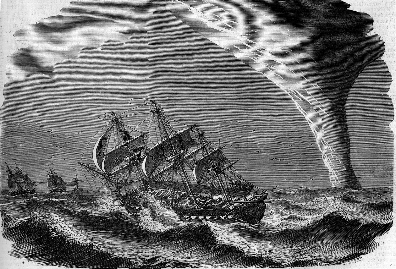 Meteorologisches Phänomen: ein Wasserwirbel auf See. Gravur von Linton in „The Illustrous World“ Nr. 49 vom 20. März 1858. von Unknown artist