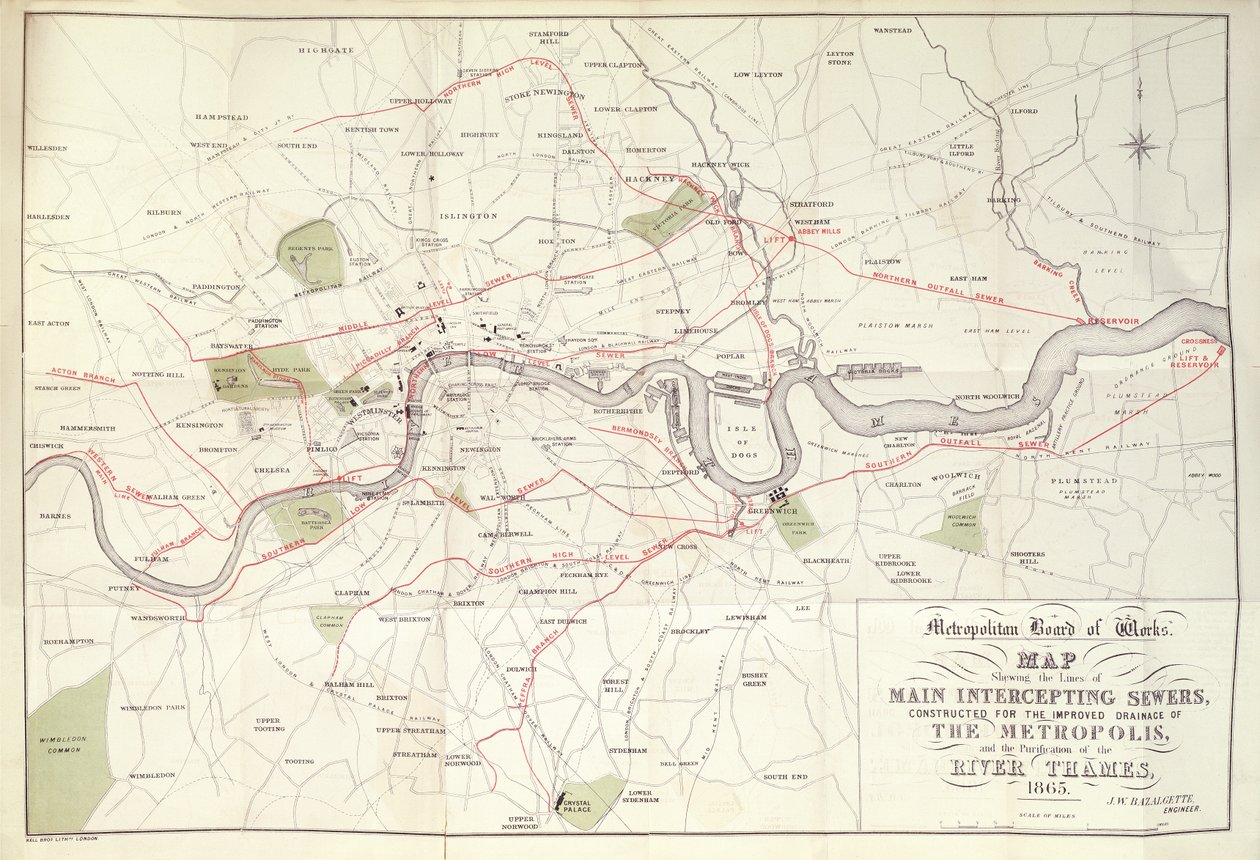 Karte des Metropolitan Board of Works von Bazalgettes Plan für die Linien der Hauptabfangkanäle, gebaut für die verbesserte Entwässerung der Metropole von Unknown artist