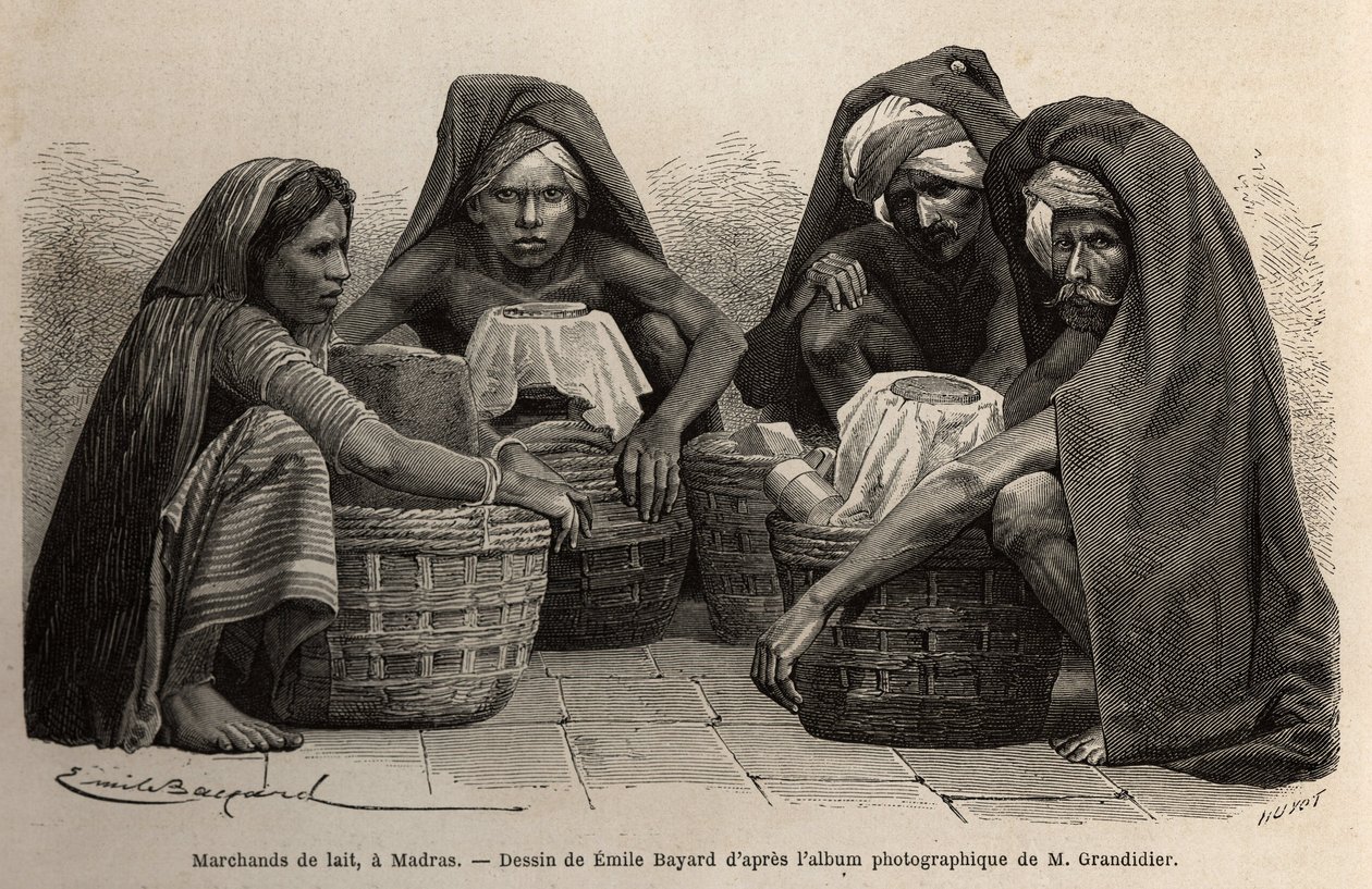 Milchhändler in den Straßen von Madras (heutiges Chennai, Tamil Nadu). Gravur zur Illustration der Reise in die südlichen Provinzen Indiens, von Alfred Grandidier, 1862-1864, veröffentlicht in „le tour du monde“, unter der Leitung von D