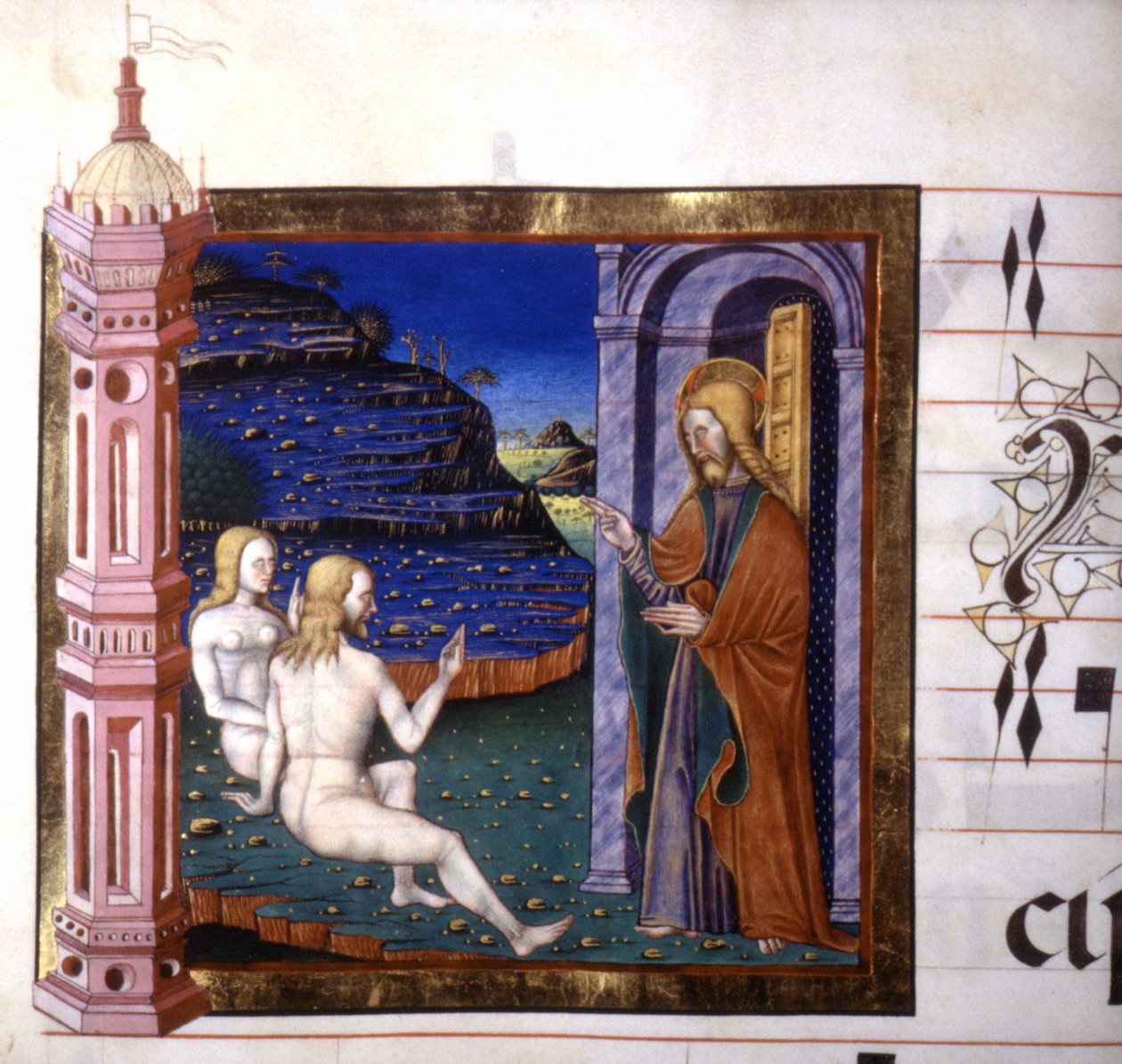 Miniatur, die die Erschaffung von Adam und Eva durch Gott darstellt. Antiphonar. 15. Jahrhundert. Bibliothek von Lodi von Unknown artist