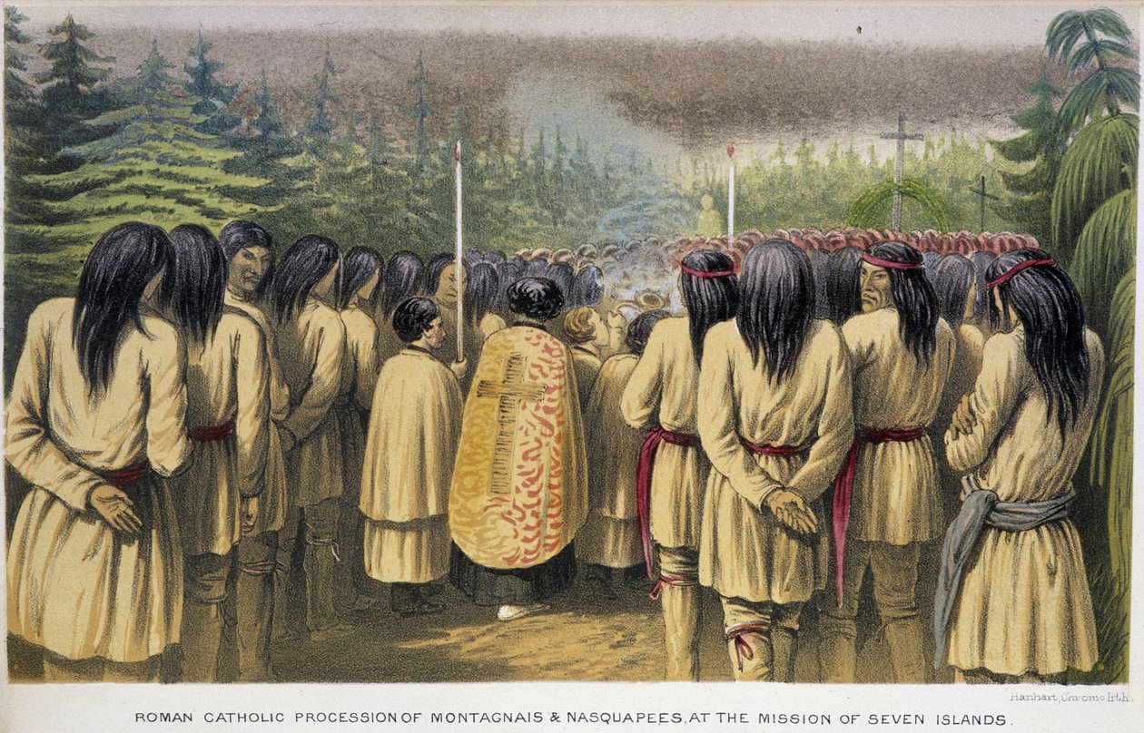 Mission der Sieben Inseln: Katholische Prozession der Montagnais und Nasquapees im Haus der Sieben Inseln - in „Exploration of the Labrador Peninsula“ von Hind, London von Unknown artist