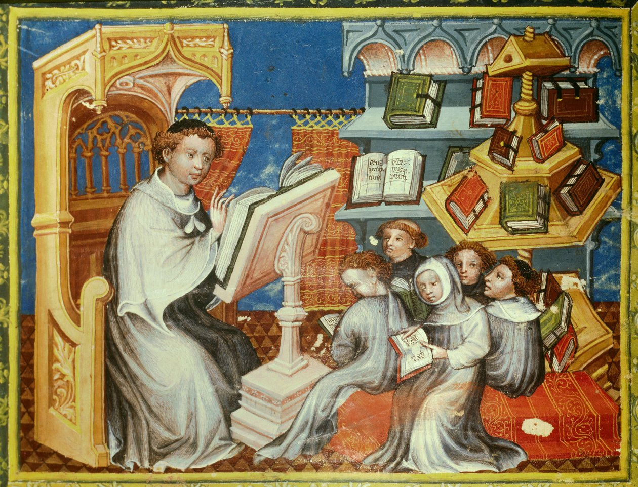 Klosterschule des Augustiner-Eremitenklosters in Paris: Ein Mönch liest eine Lektion von einer Kanzel vor Jugendlichen mit Tonsuren, aber auch Laien. Rechts ein Pfundrad. Miniatur in „Bible historiale“ von Pierre Comestor von Unknown artist