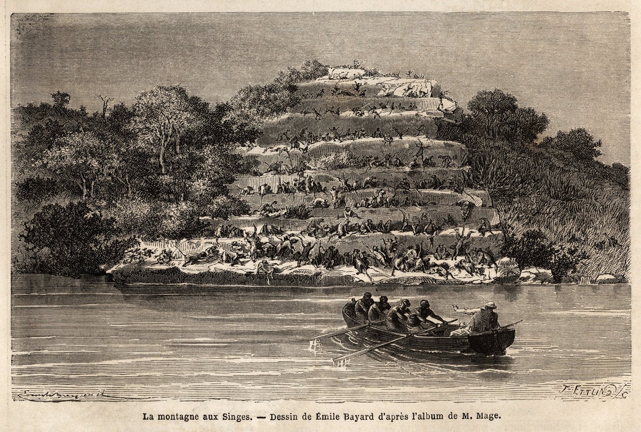 Affenberg, entlang des Senegal-Flusses, kurz nach den Gouina-Fällen (Mali). Gravur zur Illustration der Reise von Leutnant Mage im westlichen Sudan zwischen 1863 und 1866, veröffentlicht in „Le tour du monde, nouveau journal des voyages“ von Unknown artist