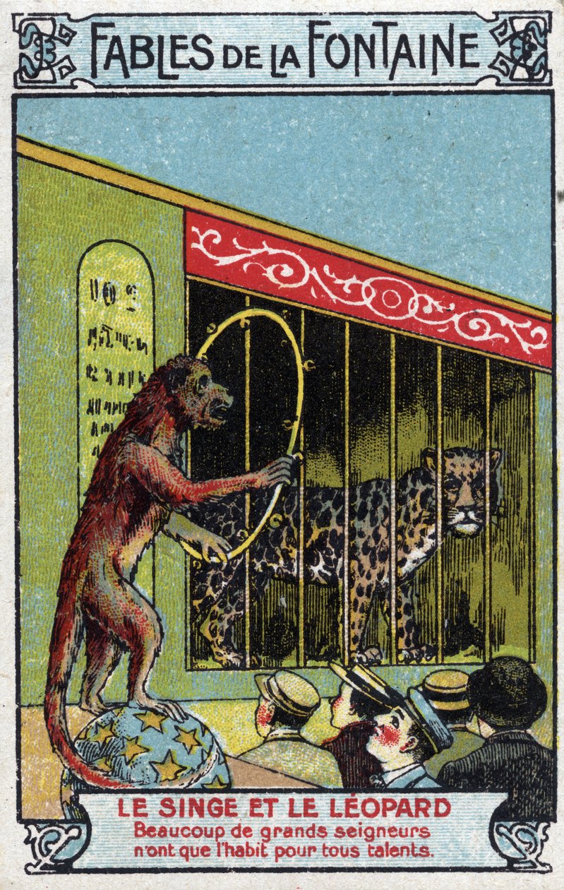 Affe und Leopard - Fabeln von Jean de La Fontaine (1621-95) - Chromolithographie des späten 19. Jahrhunderts Private Sammlung von Unknown artist