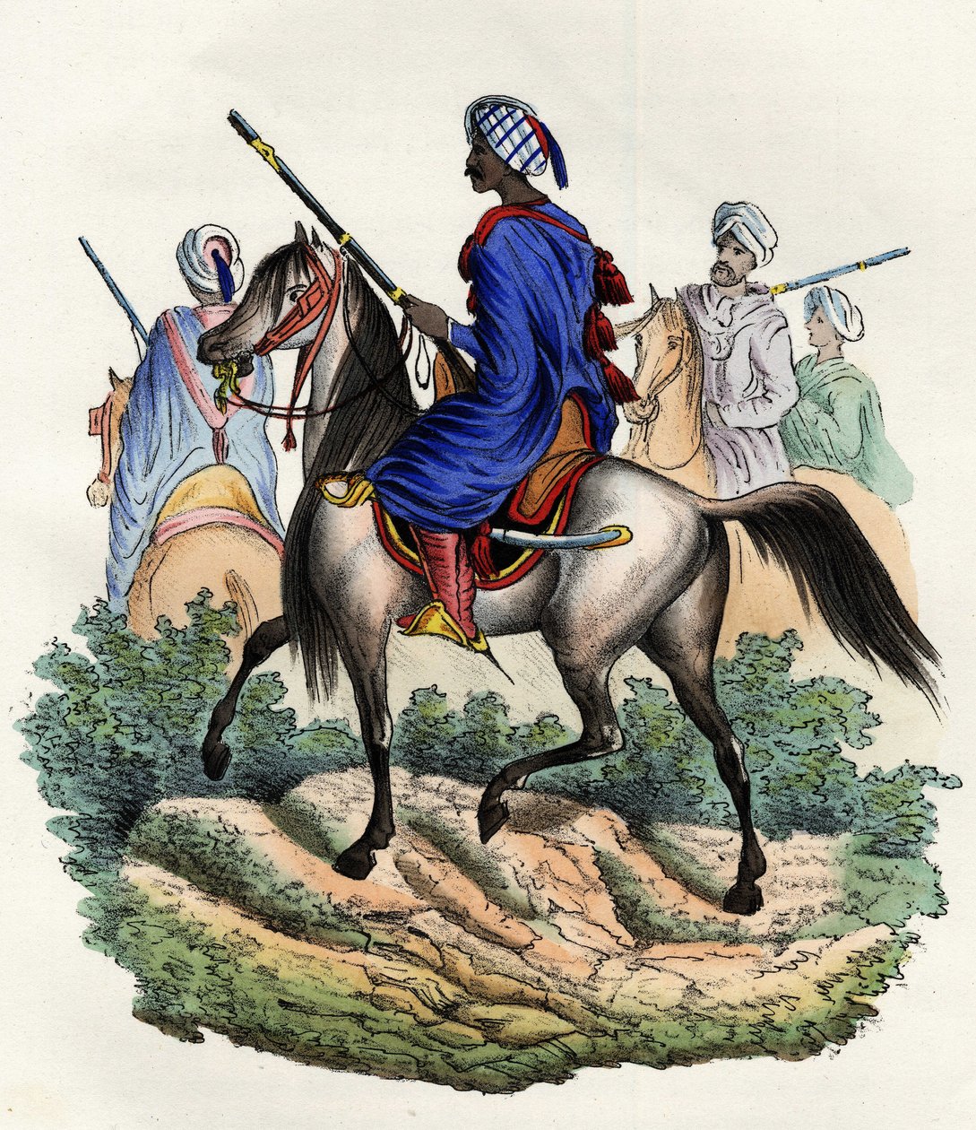 Maurische Gendarmen, die von der französischen Armee Afrikas mit der Polizei von Algier beauftragt wurden, ausgebildet 1831 und aufgelöst 1841. In „Storia d