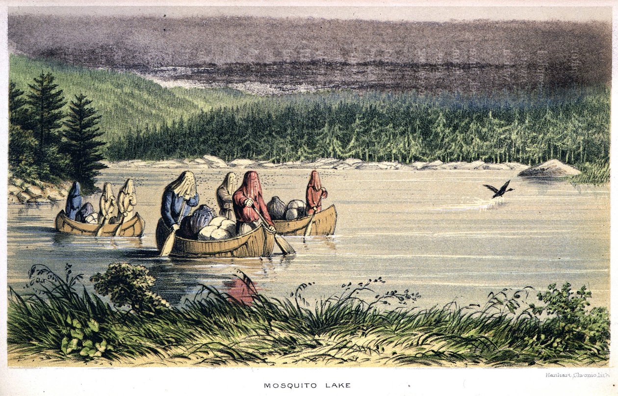 Mosquito Lake in Kanada: Indianer überqueren den See mit Moskitonetzen auf dem Kopf - in „Exploration of the Labrador Peninsula“ von Hind, London von Unknown artist