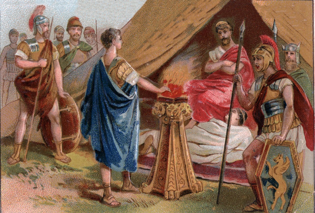 Mucius Scaevola vor Porsenna. Caius Mucius Scaevola, ein junger römischer Patrizier, gefangen von der königlichen Garde von Porsenna von Unknown artist