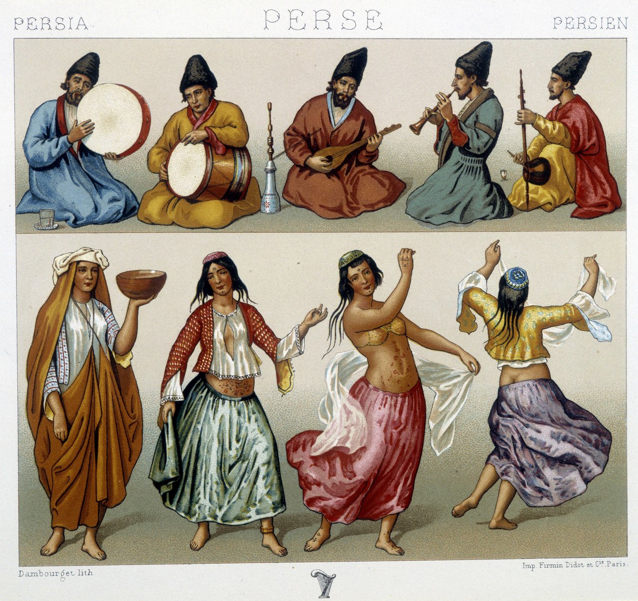 Musiker und Tänzer in Persien - in „Le costume historique“ von Racinet von Unknown artist