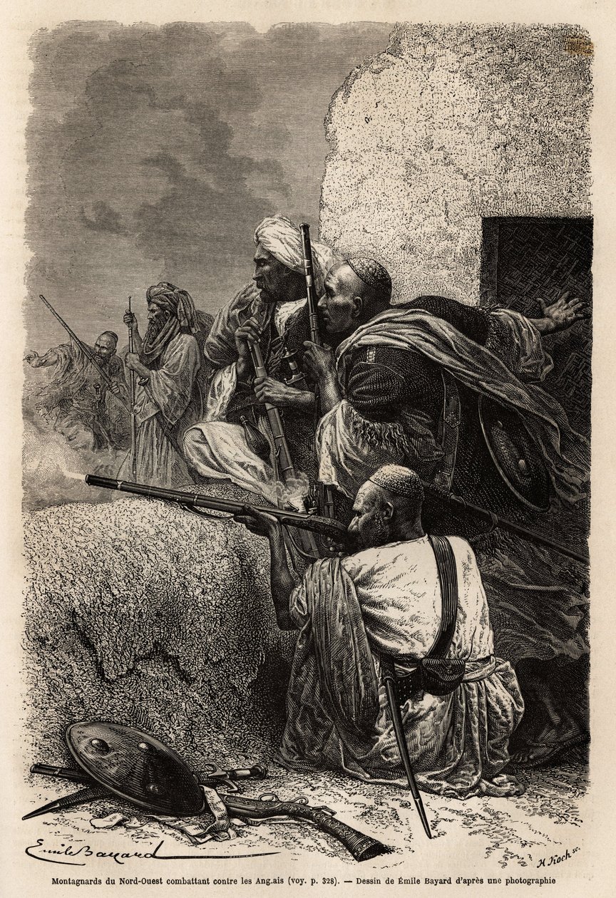 Muslimische Bergbewohner, die in die Berge von Svat umgesiedelt wurden, kämpfen 1863 gegen eine englische Expedition, um das Plündern von Dörfern in der Region zu stoppen. Gravur zur Illustration der Geschichte von Pandjab und Kaschmir, von Guillaume Lejea von Unknown artist