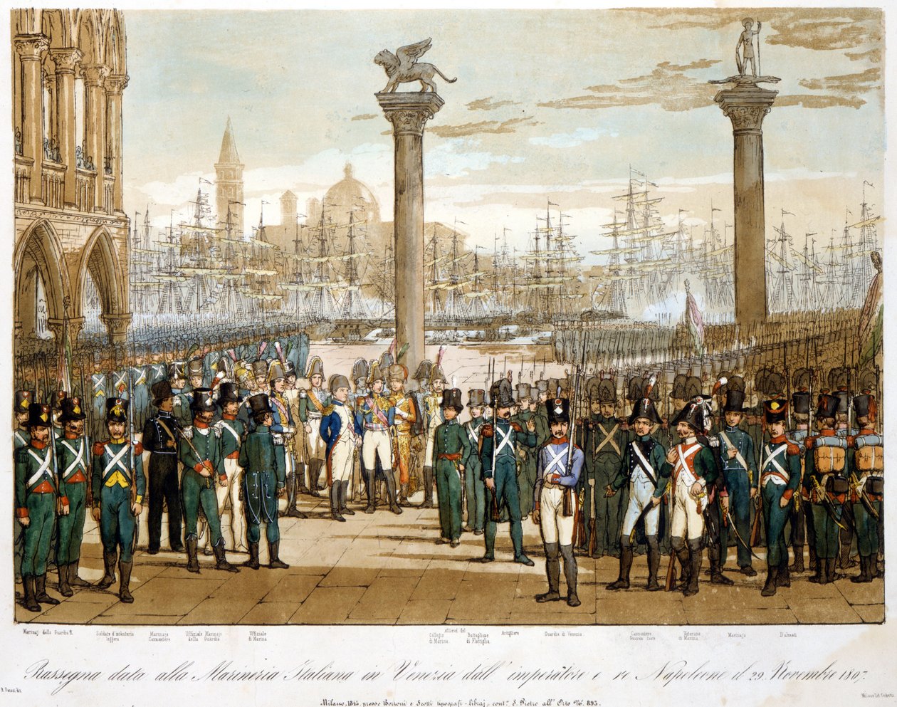 Napoleon I in Venedig am 29. November 1807 vor der italienischen Marine. Gravur von 1845 von Unknown artist