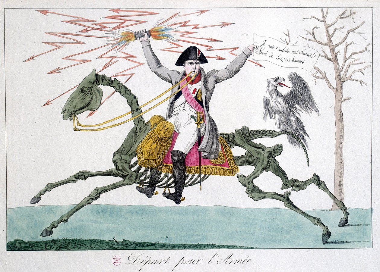 Napoleon: Karikatur eines Kriegers auf einem Pferdeskelett - in „Napoleon 1er“, Sammlung von Karikaturen von Unknown artist