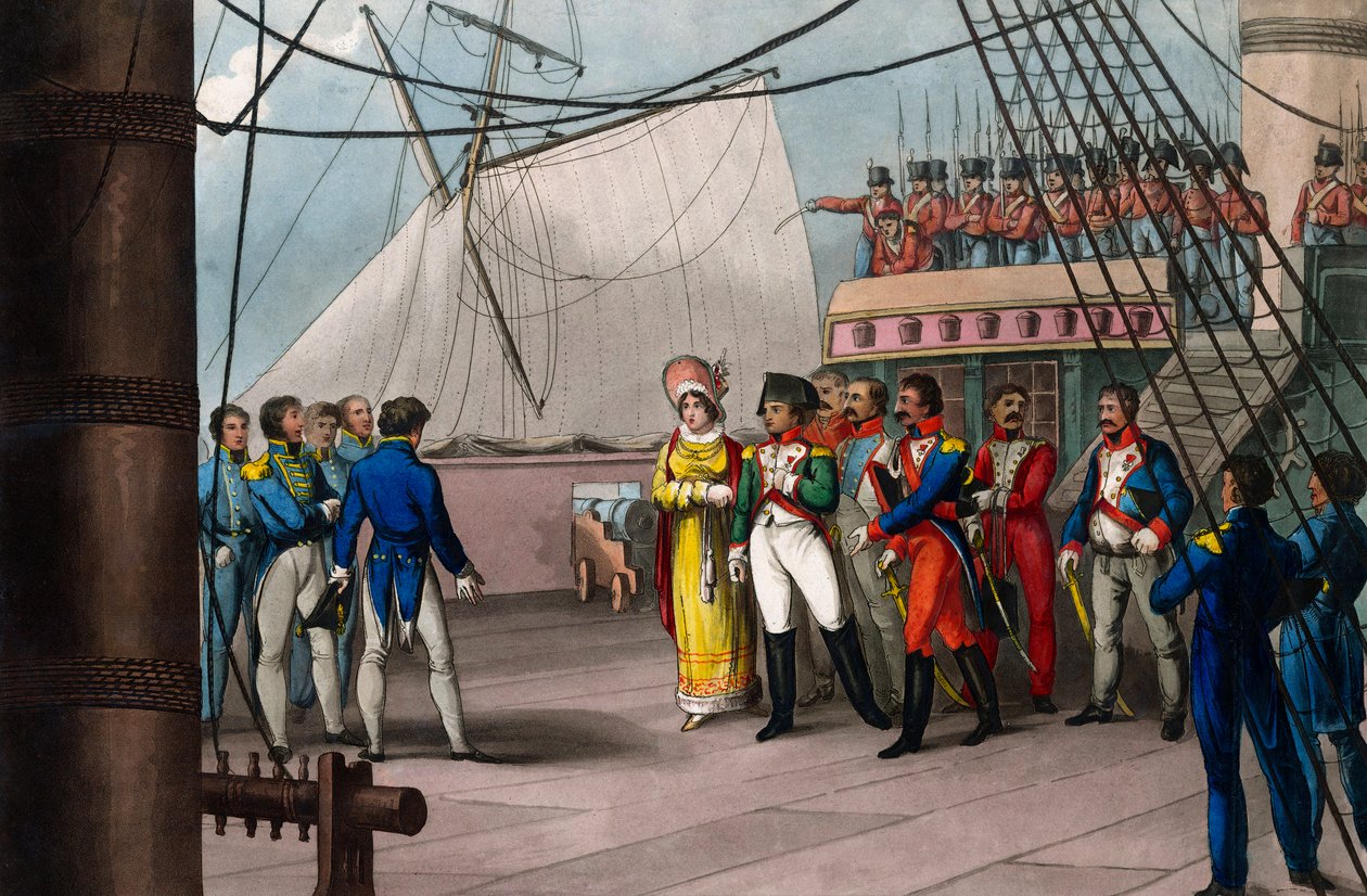 Napoleon vertraut auf den britischen Glauben - Napoleon Bonaparte an Bord der Bellerophon, dem britischen Schiff, das ihn ins Exil nach St. Helena brachte (St. Helena) am 15. Juli 1815 - Napoleon der Große, der sich der Großzügigkeit der britischen Nation  von Unknown artist
