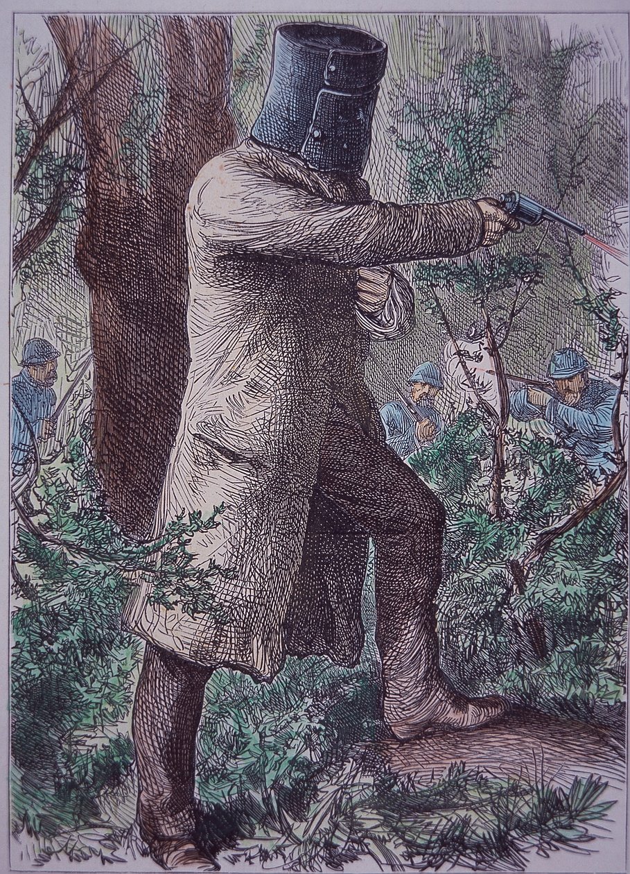 Ned Kelly, in seiner charakteristischen Rüstung, in der letzten Konfrontation mit der Polizei, 28. Juni 1880 (farbiger Stich) von Unknown artist