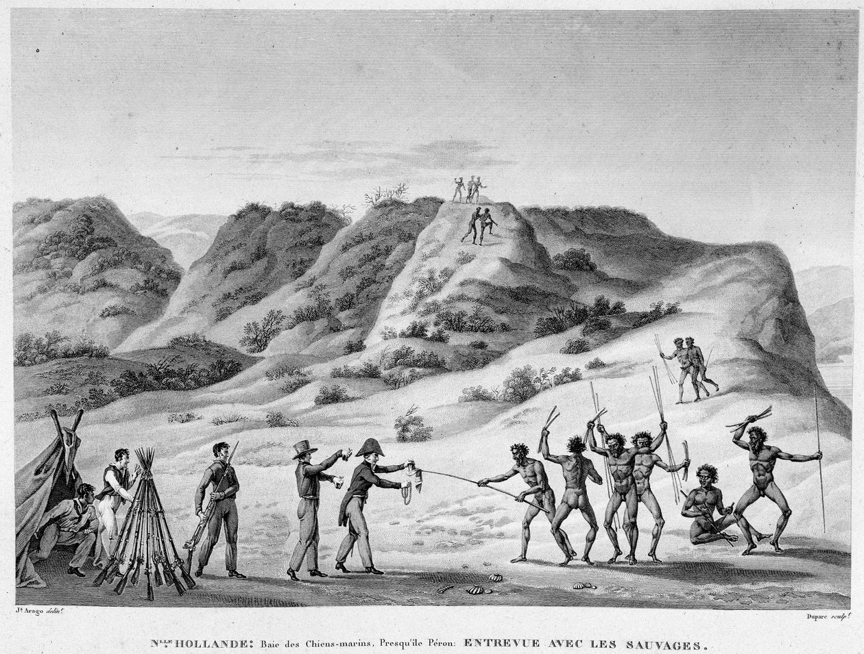 Neuholland, Bucht der Meereshunde, Peron-Halbinsel: Begegnung mit den Indianern (Begegnung zwischen Aborigines und Siedlern) - Gravur, Anfang 19. Jahrhundert von Unknown artist