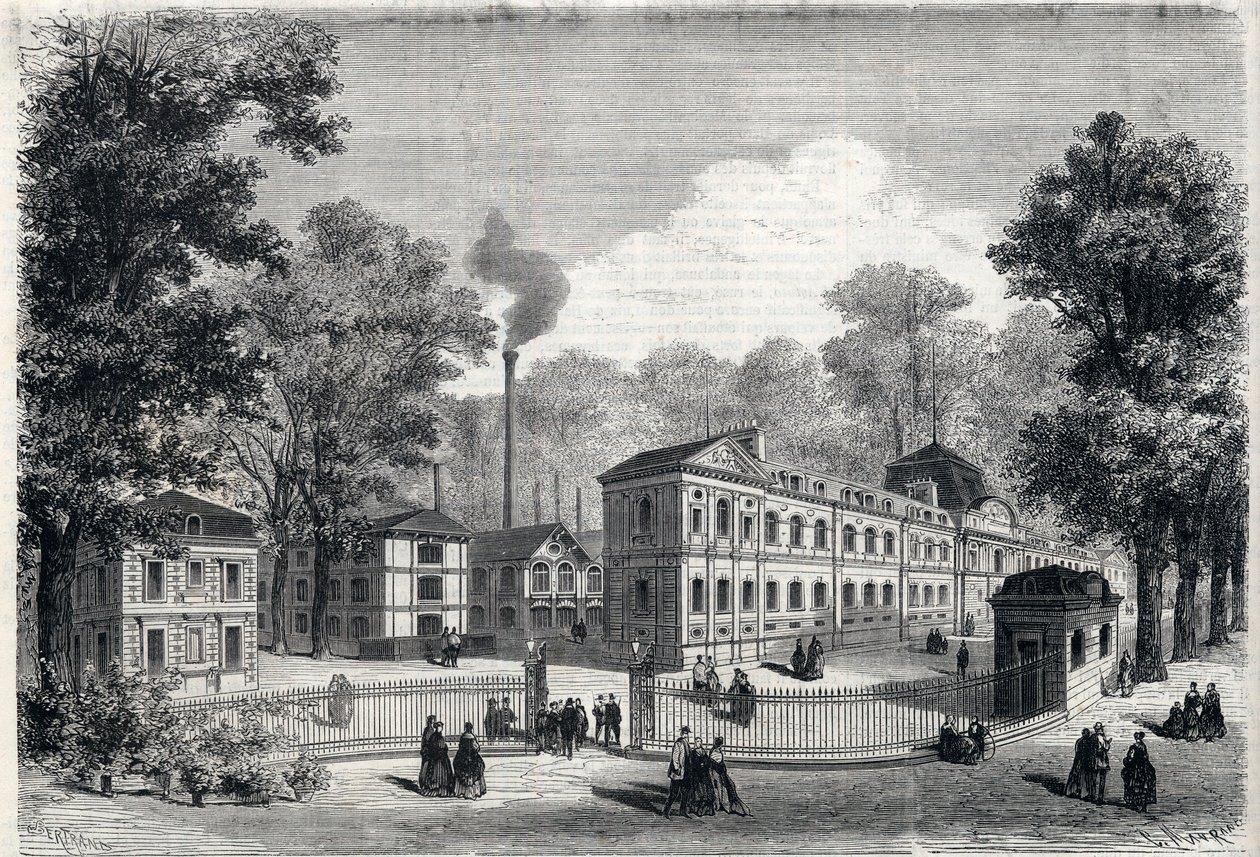 Neues Gebäude der kaiserlichen Porzellanfabrik in Sevres im Jahr 1868. Gravur in „L
