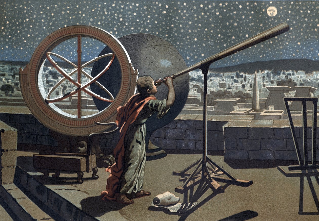 Hipparch von Nikaia (Hipparkhos) im Observatorium von Alexandria, griechischer Astronom (in Bithynien, 2. Jahrhundert v. Chr.) nach „La Ciencia y sus Hombres“ von Louis Figuier. Barcelona 1881 von Unknown artist