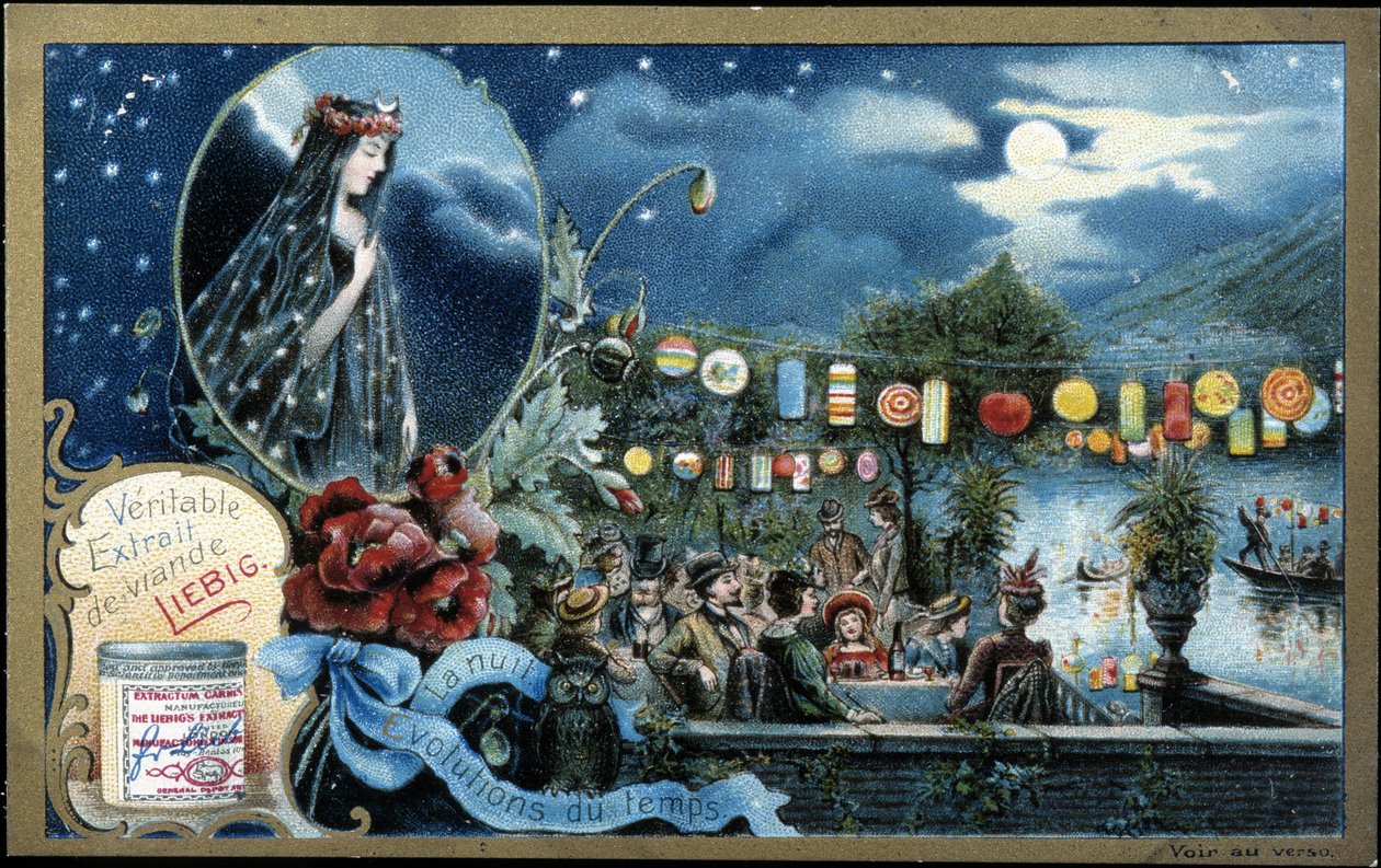 Nacht, Nachtfest beleuchtet mit Laternen, in der Nähe eines Sees - Liebig Chromolithographie von Unknown artist