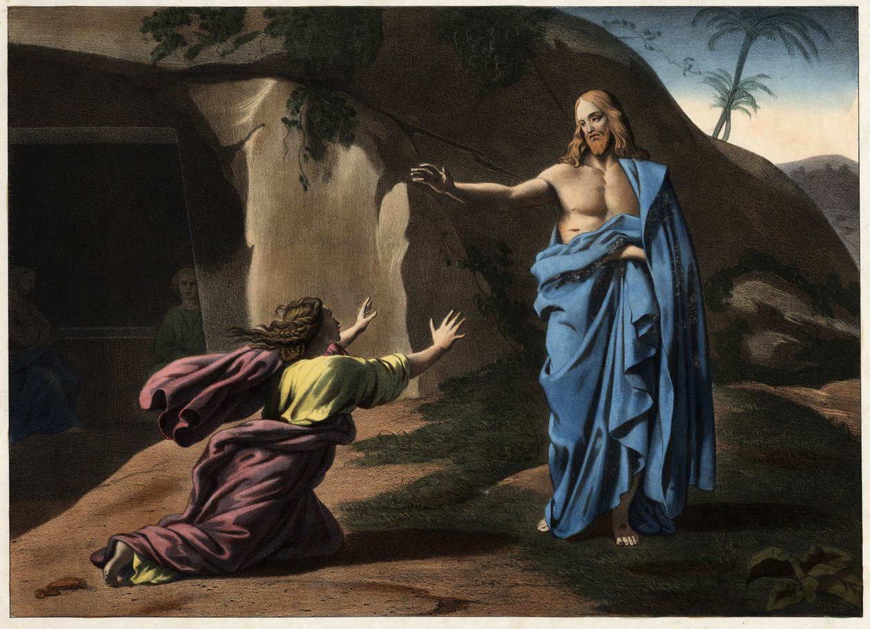 Noli me tangere: die Erscheinung Christi vor der heiligen Magdalena. Anonyme Gravur des 19. Jahrhunderts. von Unknown artist