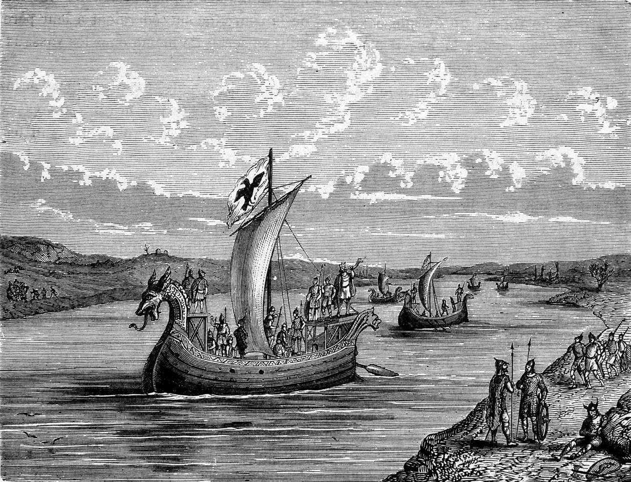Normannische Schiffe auf einem Fluss - Gravur von Unknown artist