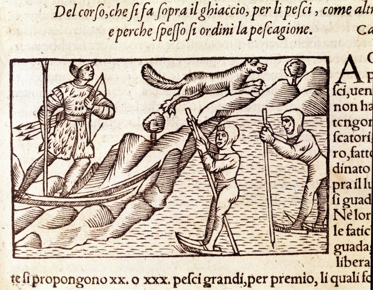 Norwegische Jäger auf Skiern. Gravur von Olaus Magnus (1490 - 1557), schwedischer Geistlicher und Geograph, „Historia de Gentis Septentrionalibus“, Venedig von Unknown artist