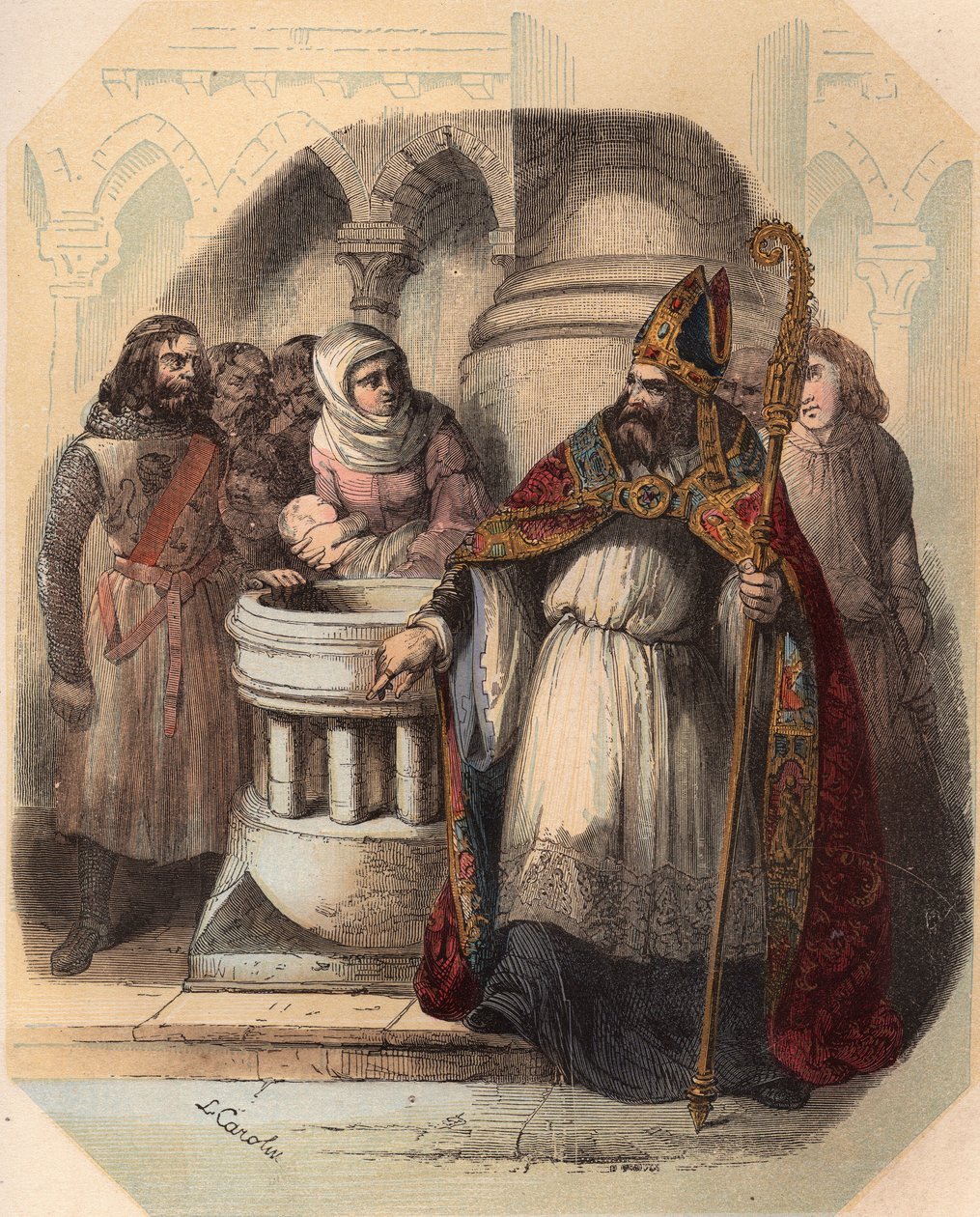 Notger (930-1008) (Notker von Lüttich), Bischof von Lüttich, während der Taufe von Otto III. (980-1002), König von Deutschland. Gravur von 1868 in „Histoire de Belgique von den frühesten Zeiten bis zum Ende der Herrschaft von Leopold I.“ von Théodore Juste von Unknown artist