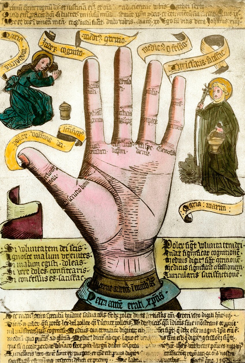 Okkulte Wissenschaften: die Hand mit ihren Linien zur Zukunftsdeutung. Tafel aus einer Chiromantie von Unknown artist
