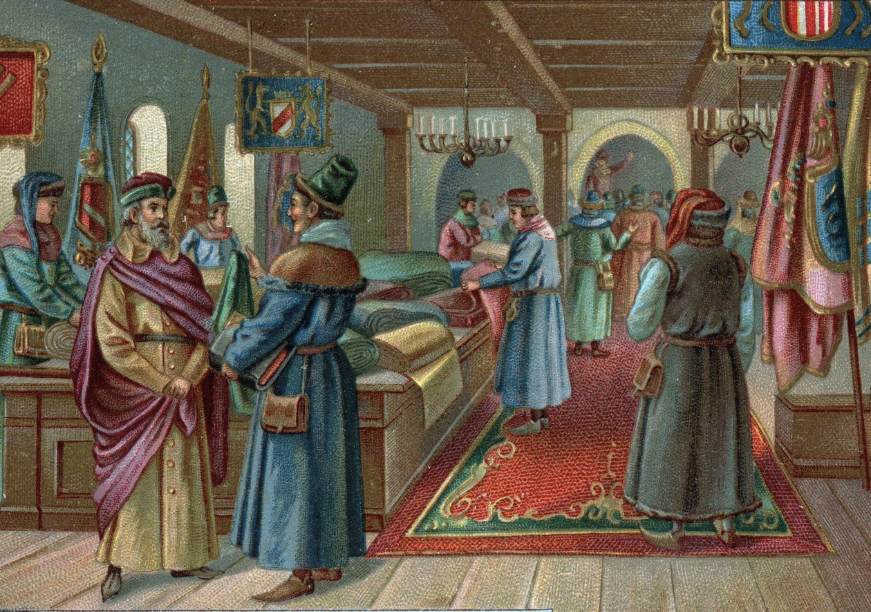Alte Einkaufszentren: Leinenhalle in Brügge, Belgien im 15. Jahrhundert. Chromolithographie des späten 19. Jahrhunderts von Unknown artist