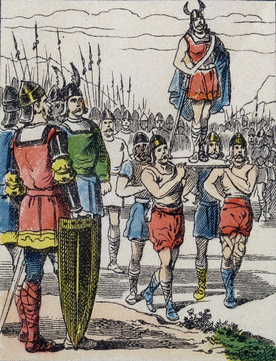 Nach dem Tod von Childerich I. wurde sein Sohn Chlodwig von den Salischen Franken zum König gewählt, die ihn auf dem Schild durch das Lager trugen (Gravur) von Unknown artist