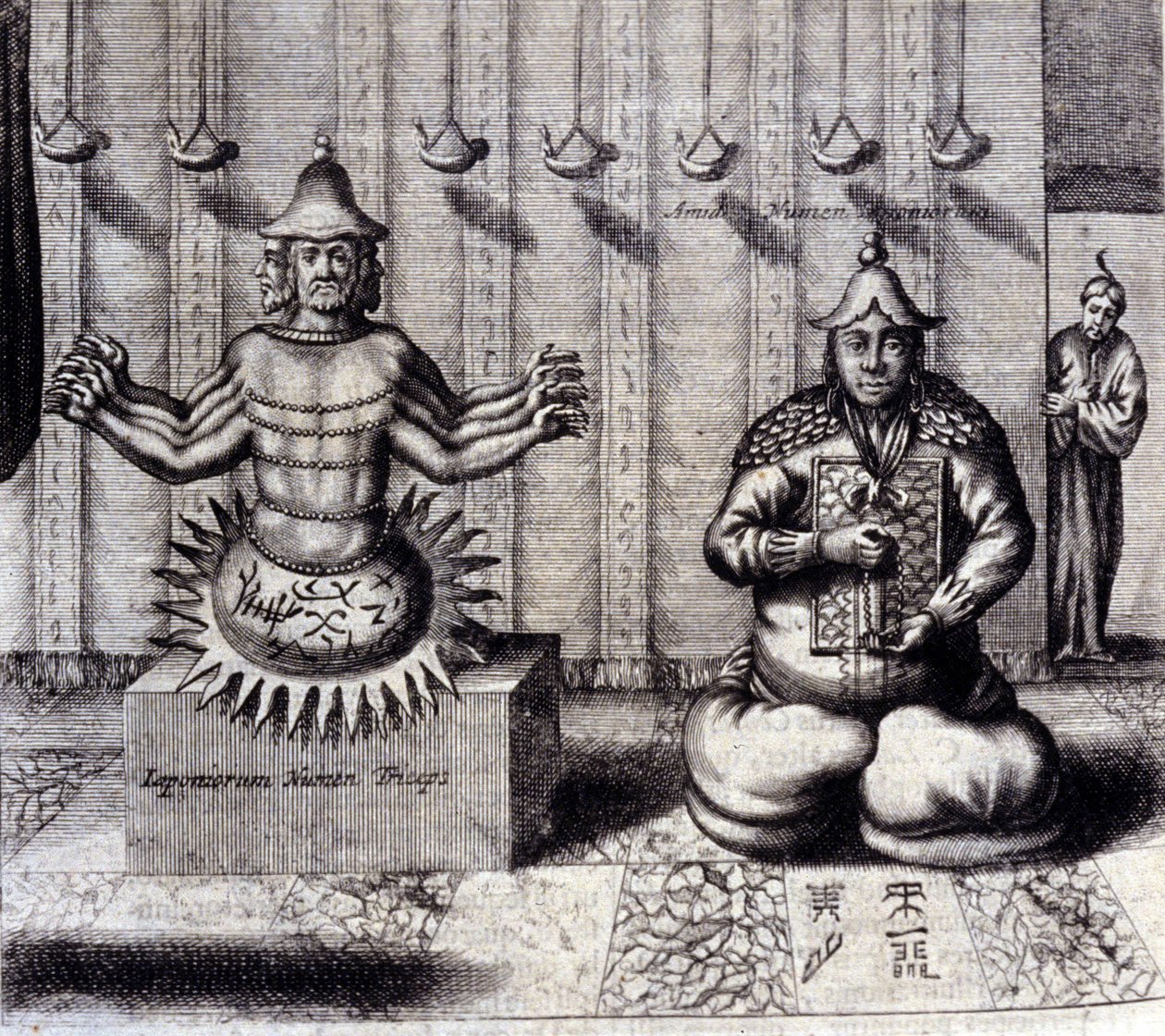 Links, hinduistische Gottheit mit acht Armen, rechts Amida, japanischer Buddha. „De China Monumenta“ von Athanasius Kircher (1601 - 1680), Jesuit, Orientalist und deutscher Gelehrter, Amsterdam 1667. von Unknown artist
