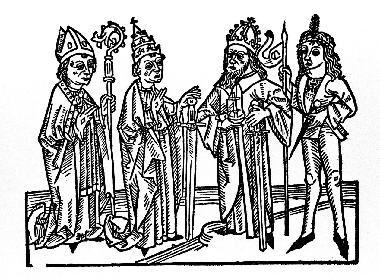 Links: der Bischof, der Papst, der Kaiser und der edle Reiter. Die Hauptvertreter der sozialen Klassen des Feudalzeitalters. Gravur aus „Leben der Heiligen - Sommerteil“ (Das Buch der Heiligen) von Jacobus (James) von Voragine (1228-1298). Lu von Unknown artist