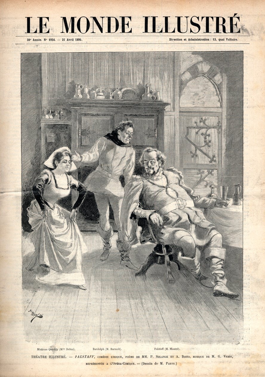 Oper „Falstaff“ von Giuseppe Verdi (1813-1901), lyrische Komödie in drei Akten von Arrigo Boito, aufgeführt an der Pariser Oper comique im Jahr 1894 mit Victor Maurel, Marie Delna und Paul Fleuret (Barnolt) - Titelblatt von „The Illustrous World“ von Unknown artist