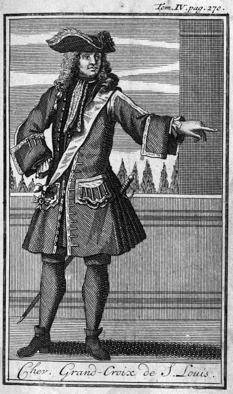 Ritterorden. Großkreuzritter von Saint Louis in Frankreich im 17. Jahrhundert. In „Geschichte der militärischen Orden oder Ritter, der weltlichen und regulären Milizen beider Geschlechter, die bisher gegründet wurden. Ausgabe von Abbe Giustini von Unknown artist